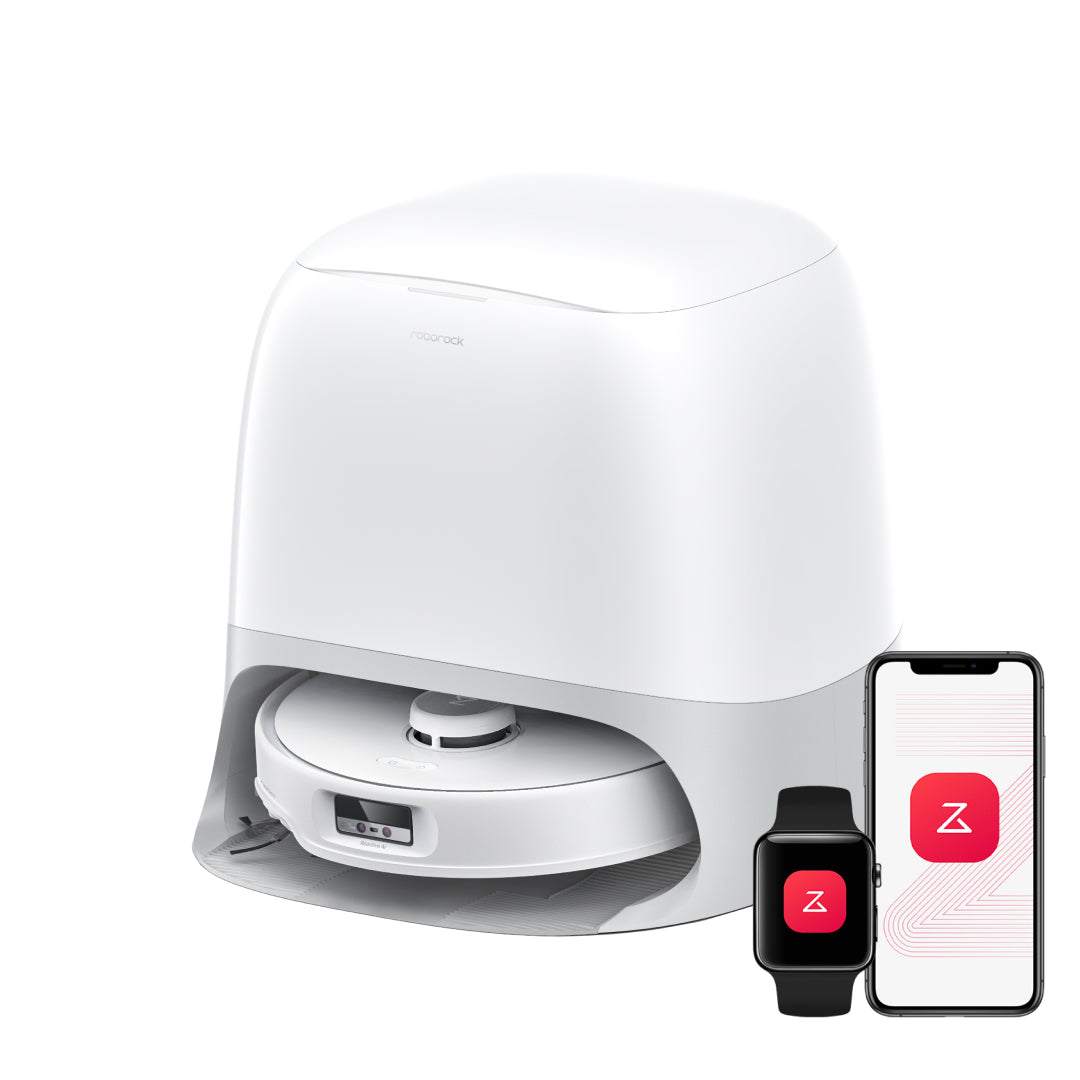 Manufacturer-rendered white Roborock Qrevo Curv robot with its curved multifunction dock