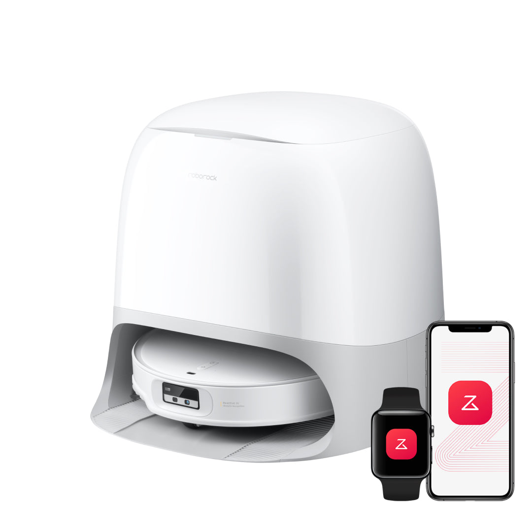 Manufacturer-rendered white Roborock Qrevo CurvX robot with its curved Thermo+ dock
