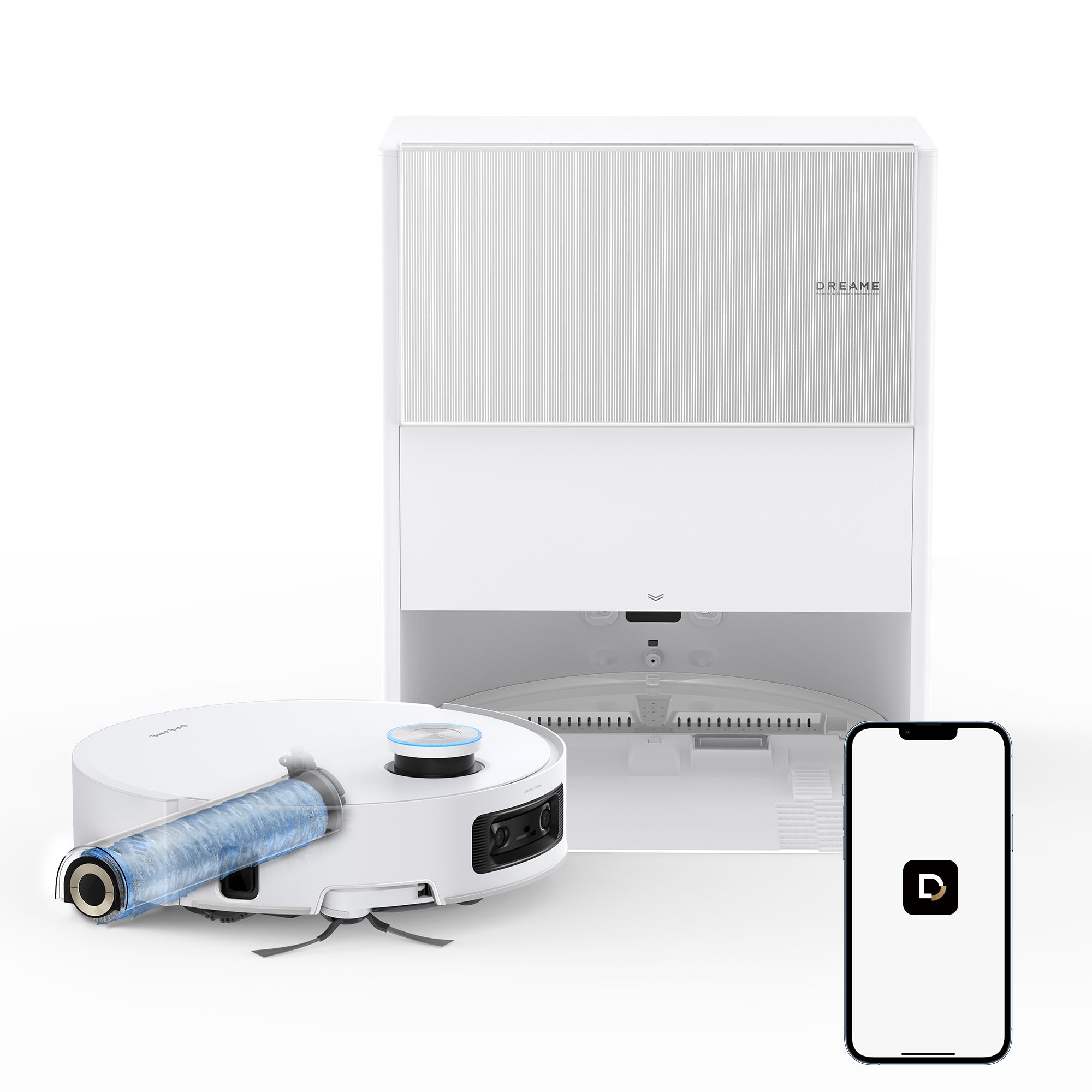 White Dreame Aqua10 Ultra Roller robot vacuum with matching RCHE0401-1 station and blue powered roller, shown in a manufacturer render.