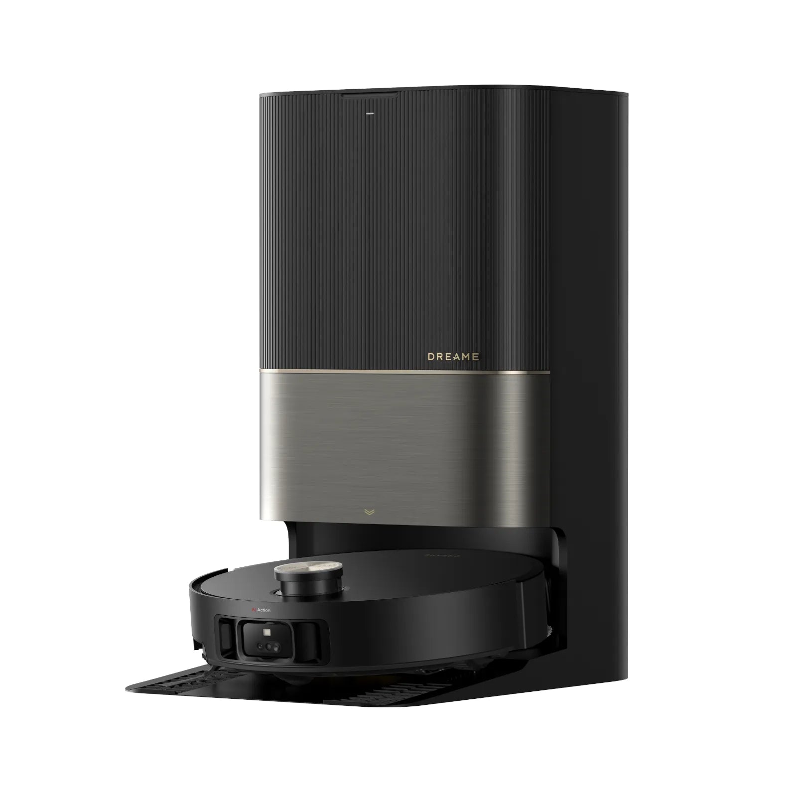 Black Dreame X50 Ultra robot vacuum with its matching base station in an official manufacturer render.