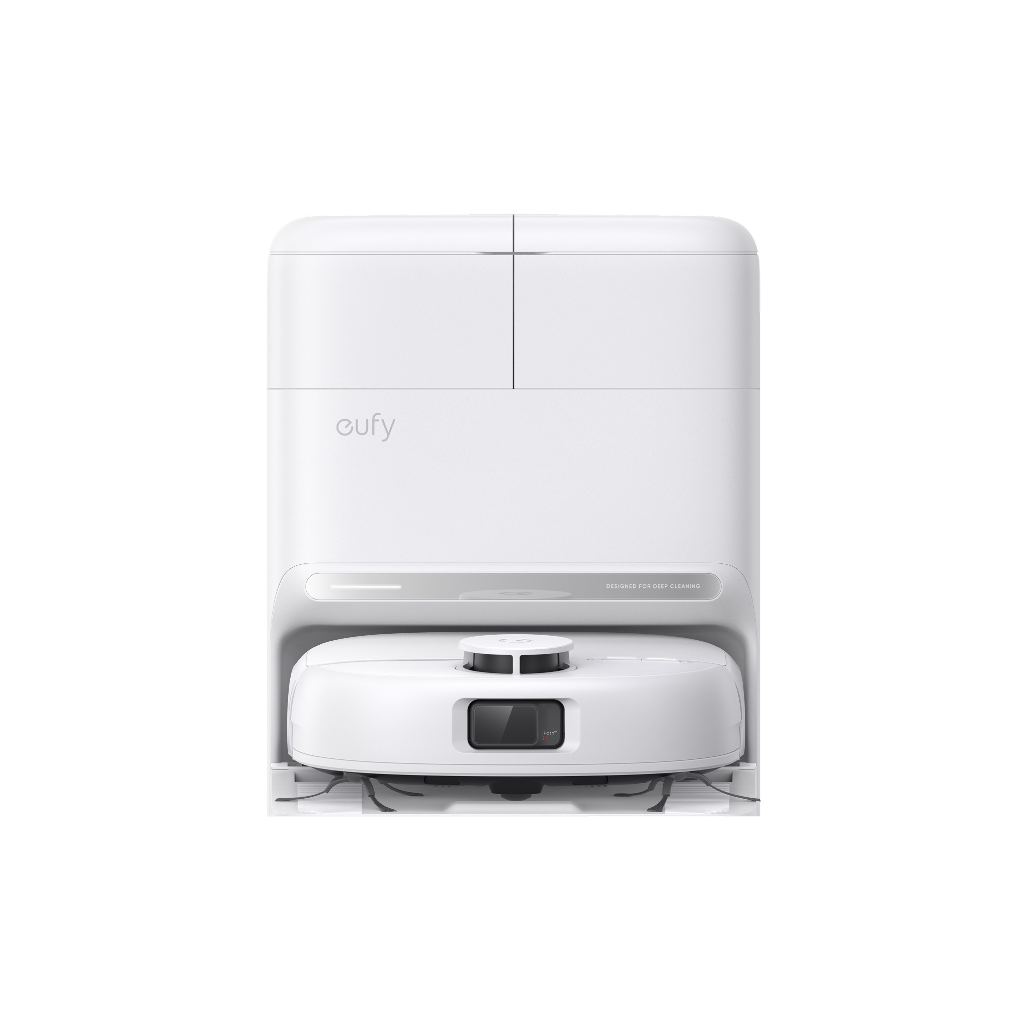 Official eufy C28 White robot and Omni station render; iPath 2.0 is visible on the robot front.