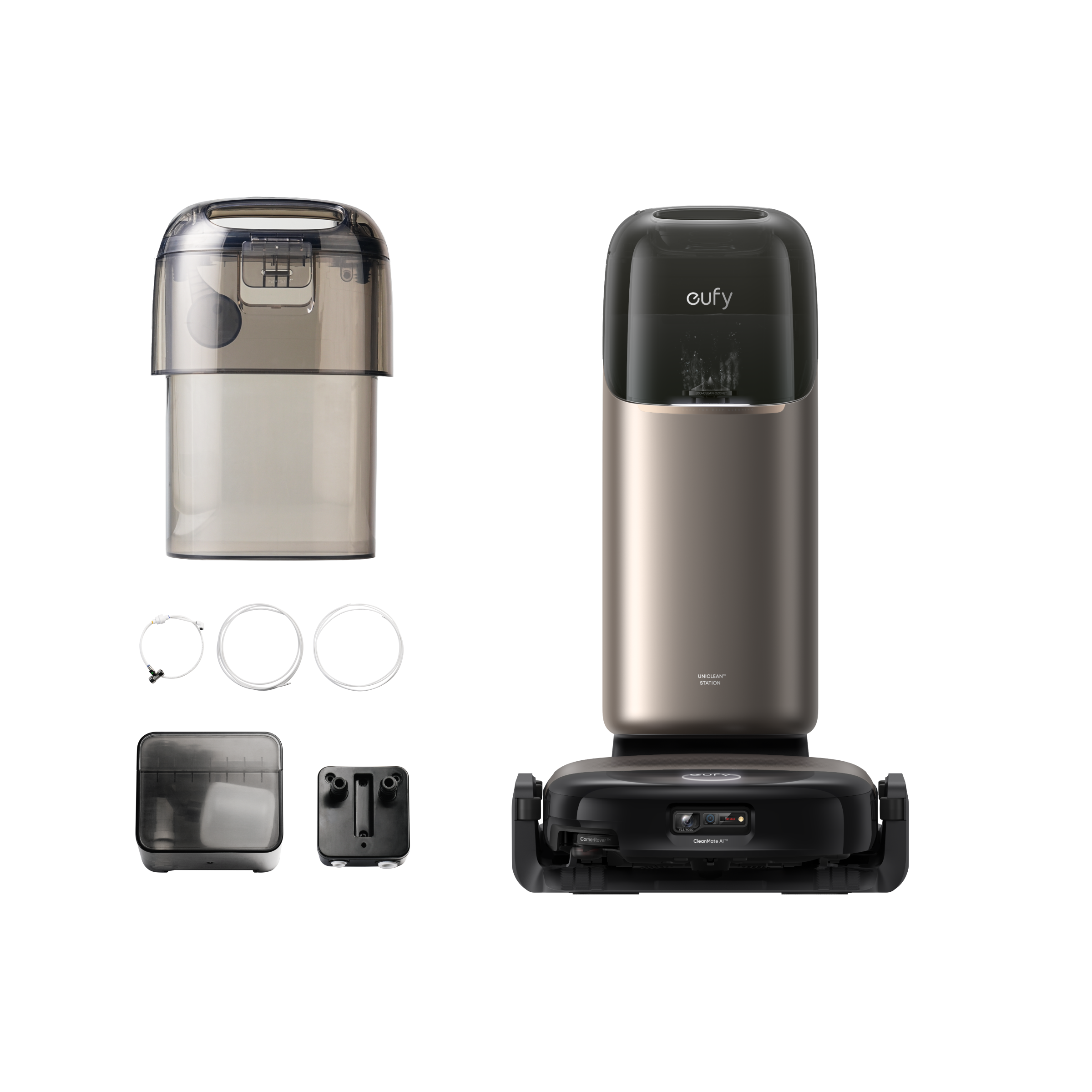 Official eufy Omni S2 package render showing the robot and UniClean station with a separate water tank and refill/drain tubing and fittings.