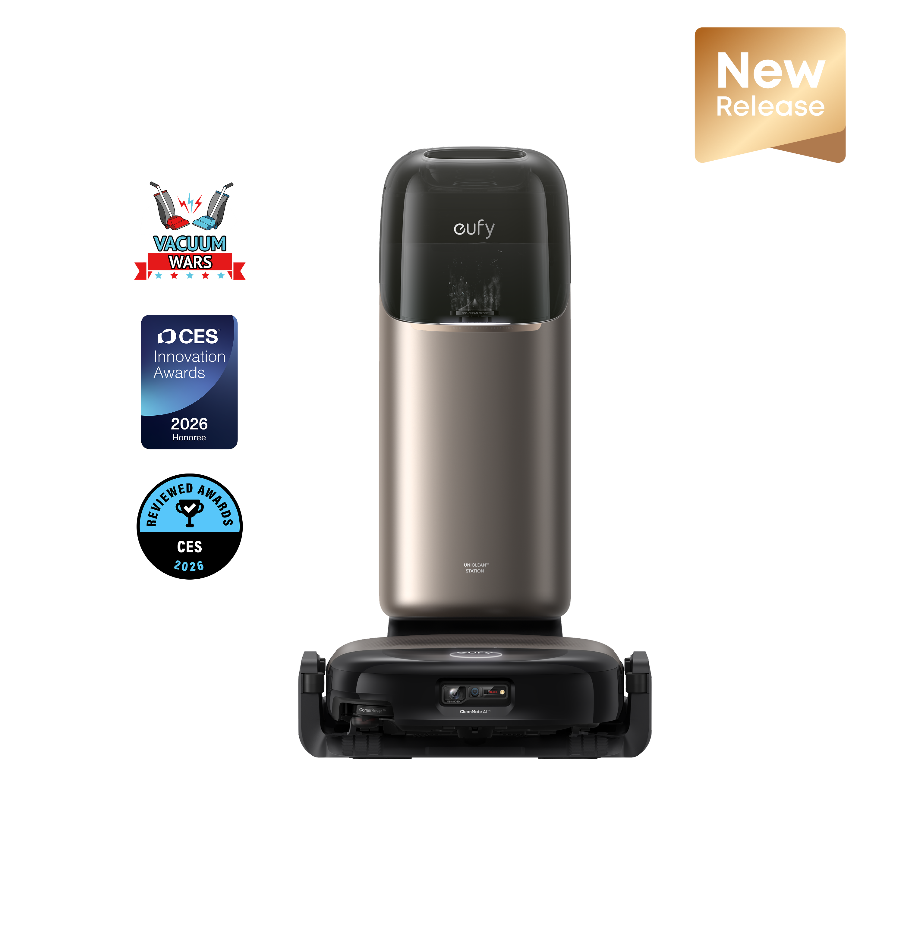 Manufacturer-rendered eufy Robot Vacuum Omni S2 with its tall Omni station; promotional badges are visible in the source image.