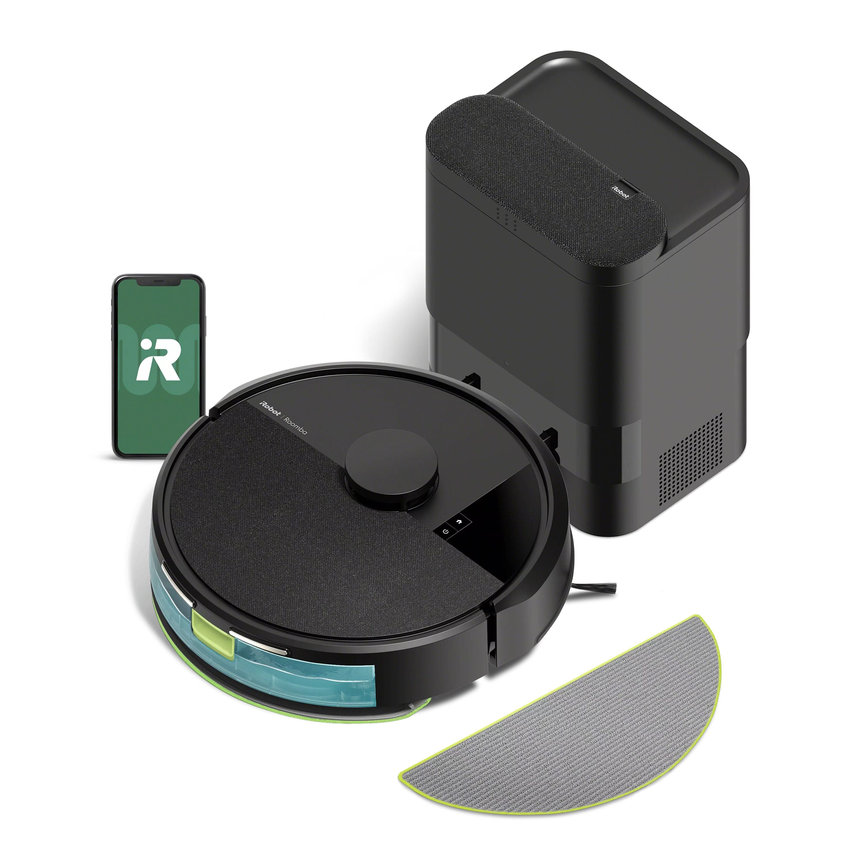 Black Roomba 105 Combo Y354020 robot with AutoEmpty dock, a loose microfiber pad and illustrative phone graphic.