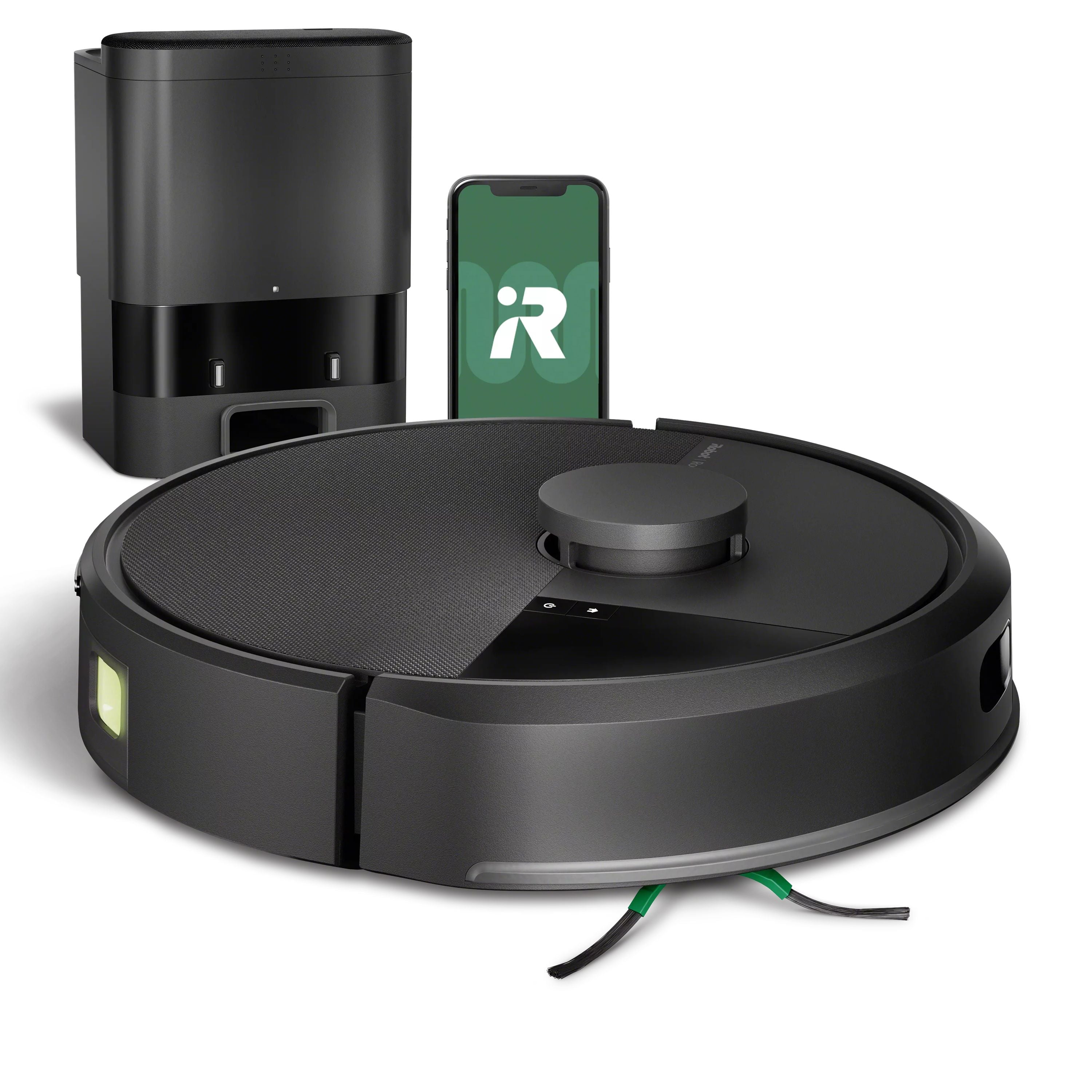 Black iRobot Roomba 105 Vac Q352020 robot and matching AutoEmpty dust dock with an illustrative phone graphic.