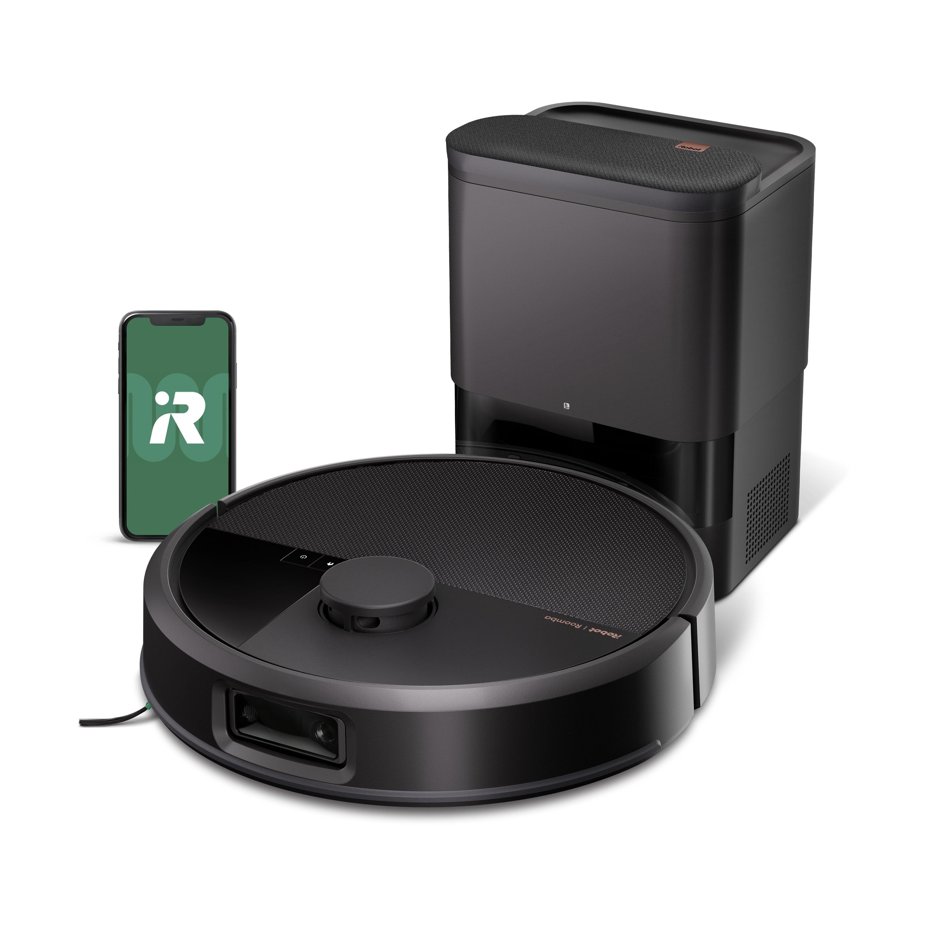 Black iRobot Roomba Max 715 Vac W255020 with its matching AutoEmpty dust dock; the phone graphic is illustrative.