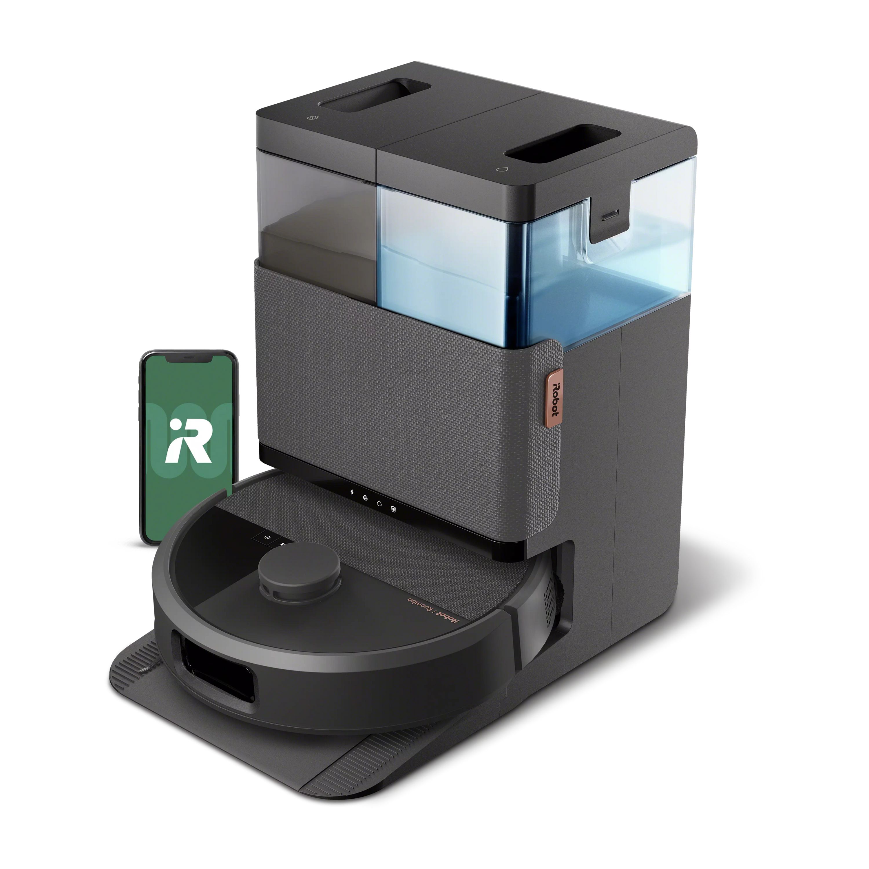 Black iRobot Roomba Plus 507 Combo N186020 robot with matching AutoWash dock and illustrative app phone.