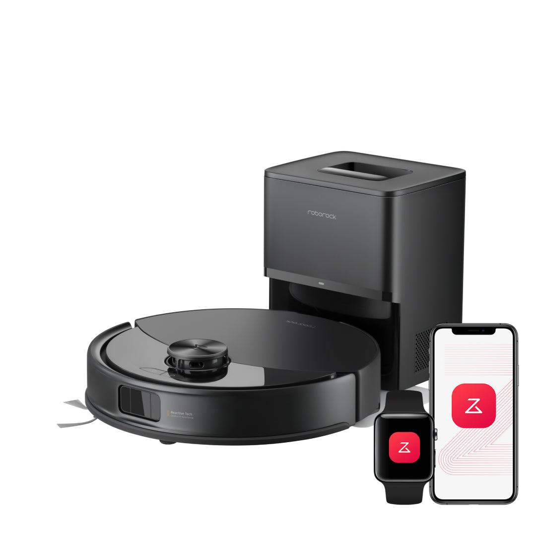 Manufacturer-rendered black Roborock Q10 S5+ robot vacuum with its auto-empty dock