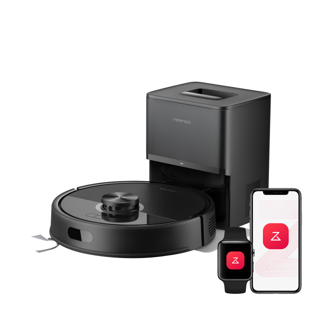 Manufacturer-rendered black Roborock Q7 M5+ robot vacuum with its auto-empty dock