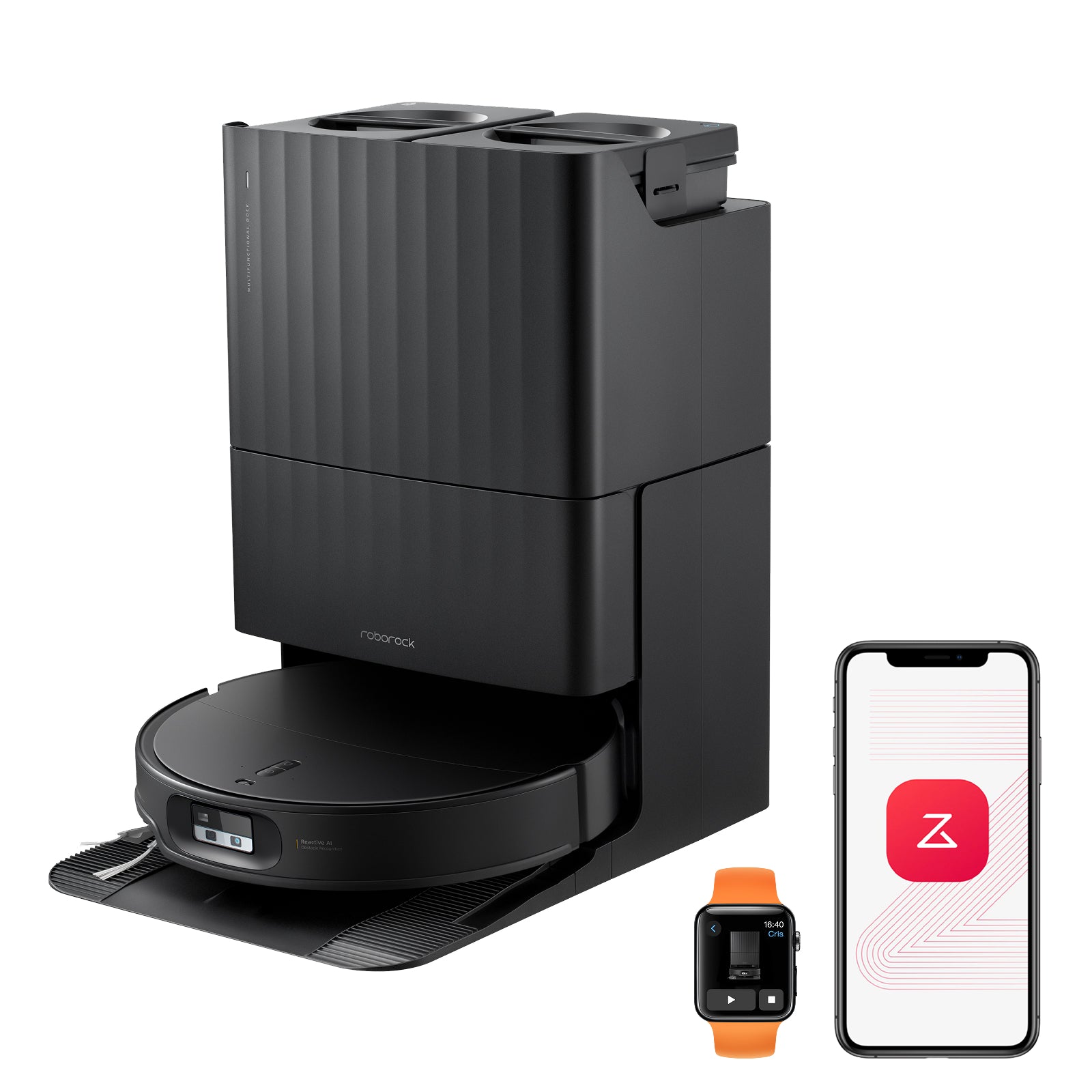 Black Roborock Qrevo Edge 2 robot with its matching multifunctional dock; illustrative app graphics appear beside it.