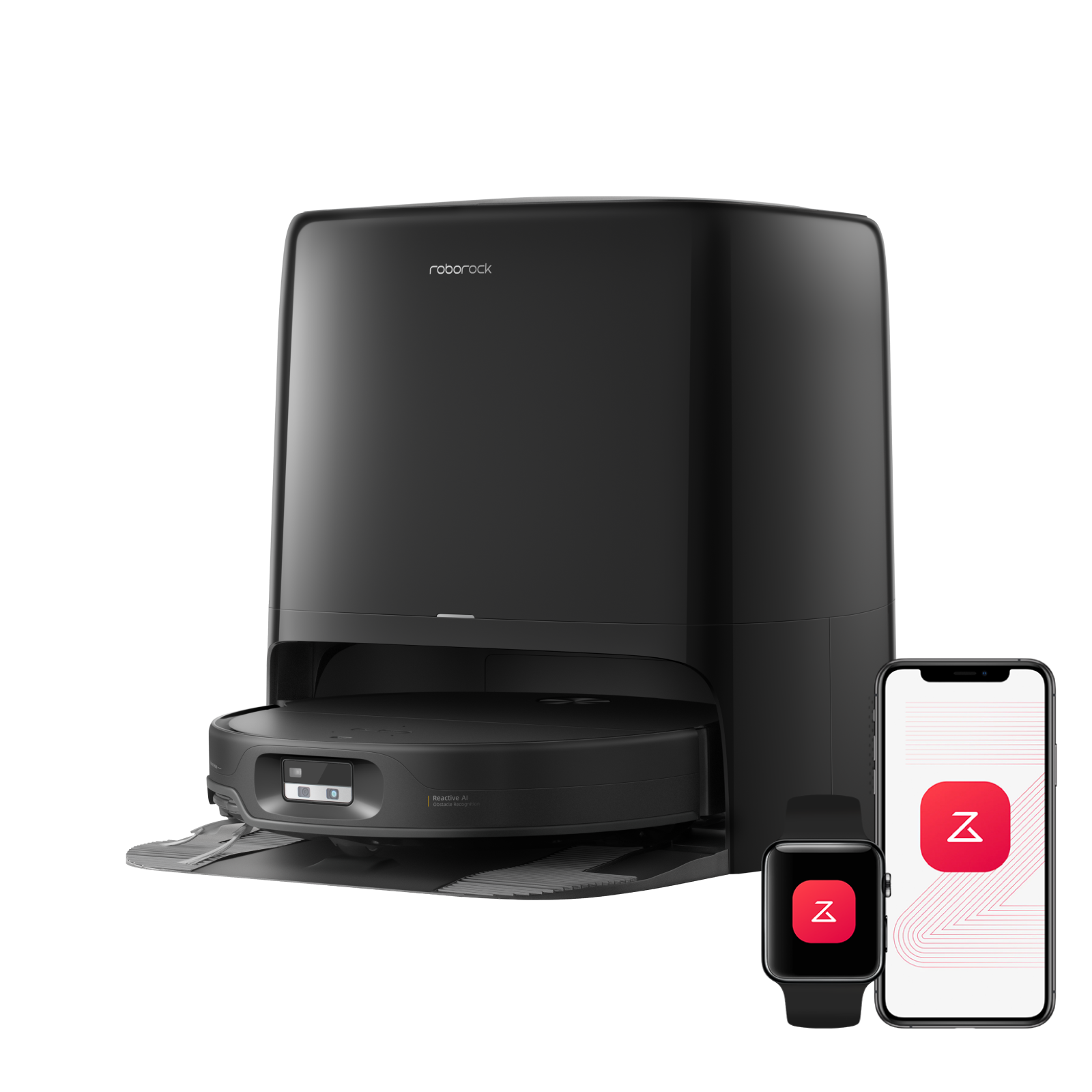 Black Roborock Qrevo Edge 3 Pro robot and its EWFD74LRR multifunction dock in a manufacturer render; phone and watch graphics are illustrative.