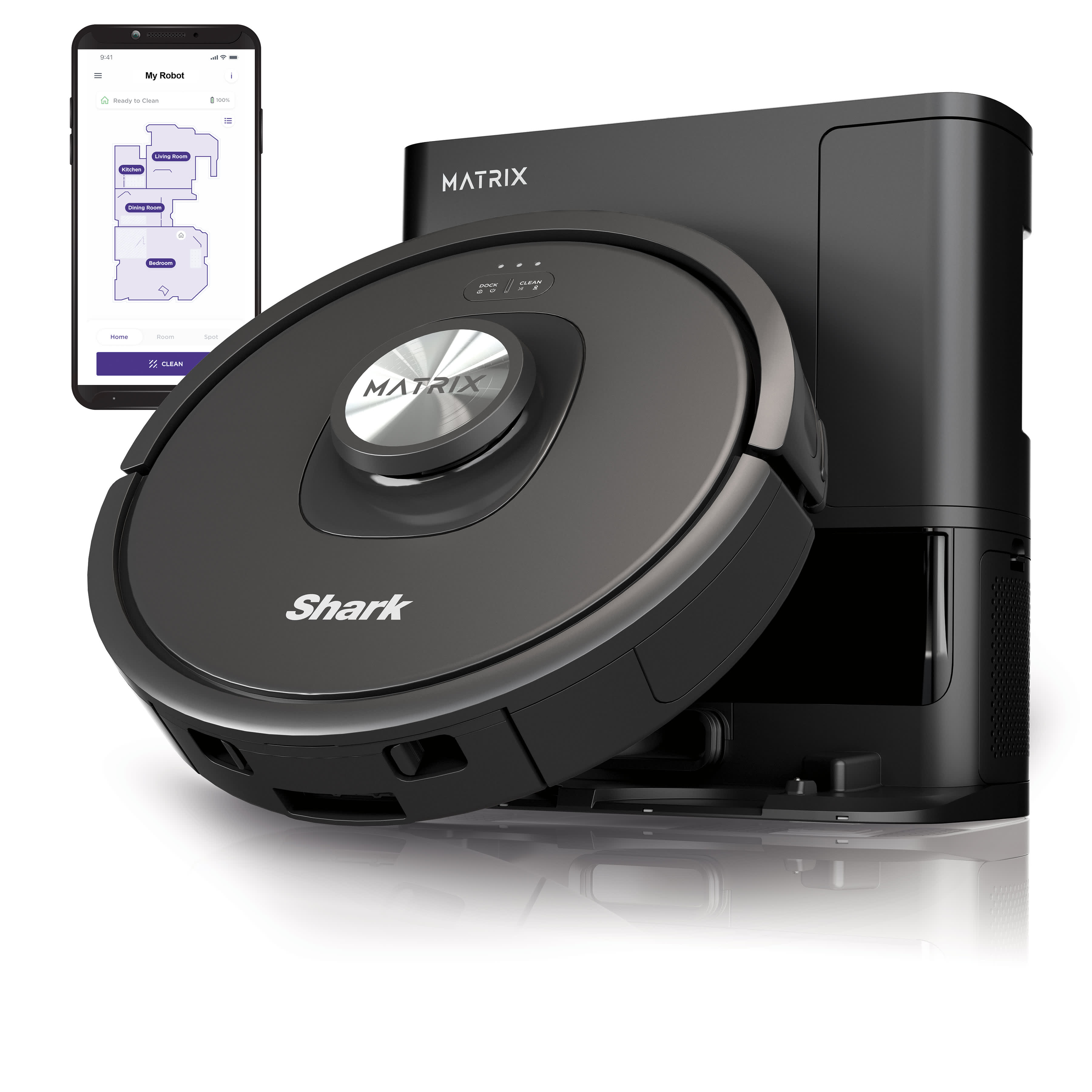 Shark Matrix Robot Vacuum RV2310AE in black and grey with matching Self-Empty Base; the phone map is illustrative.