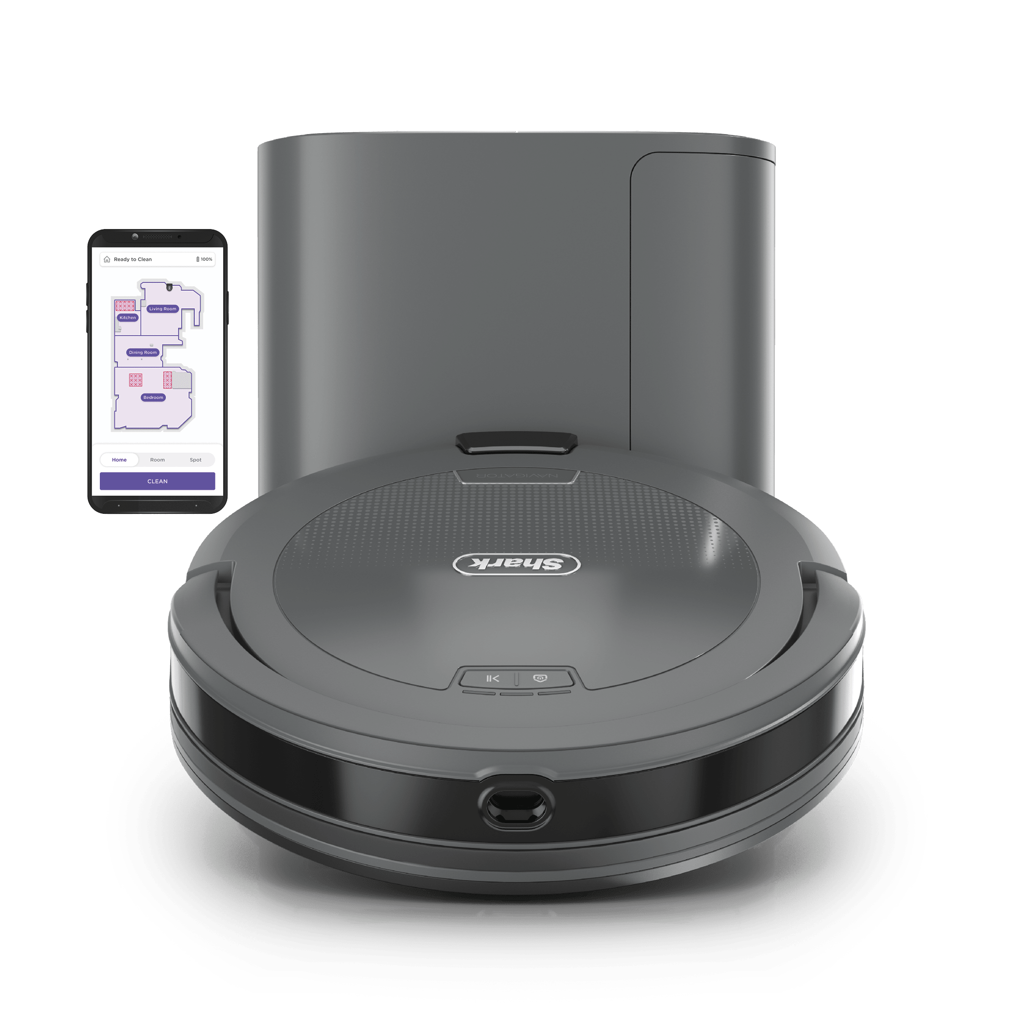 Shark Navigator RV2120AE Shark Steel Grey robot vacuum and matching self-empty base; the phone map is illustrative.