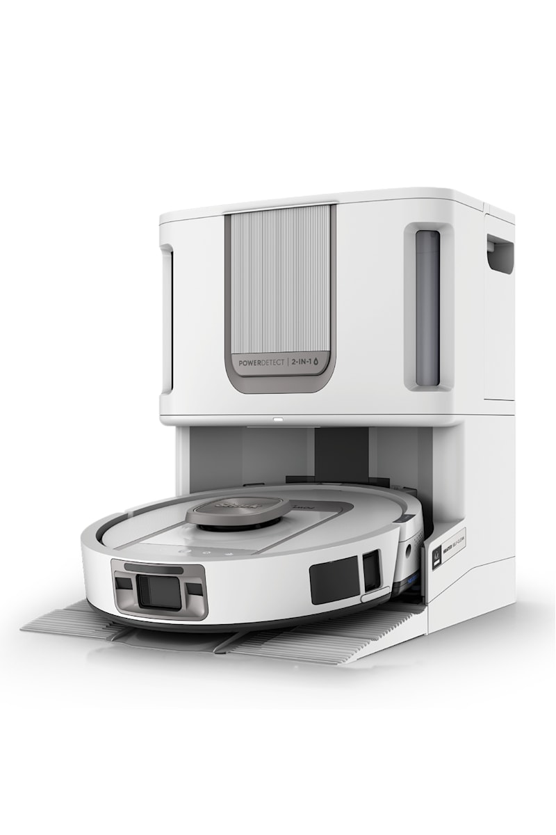 Shark PowerDetect ThermaCharged RV2930XE White robot vacuum and base, portrait product render