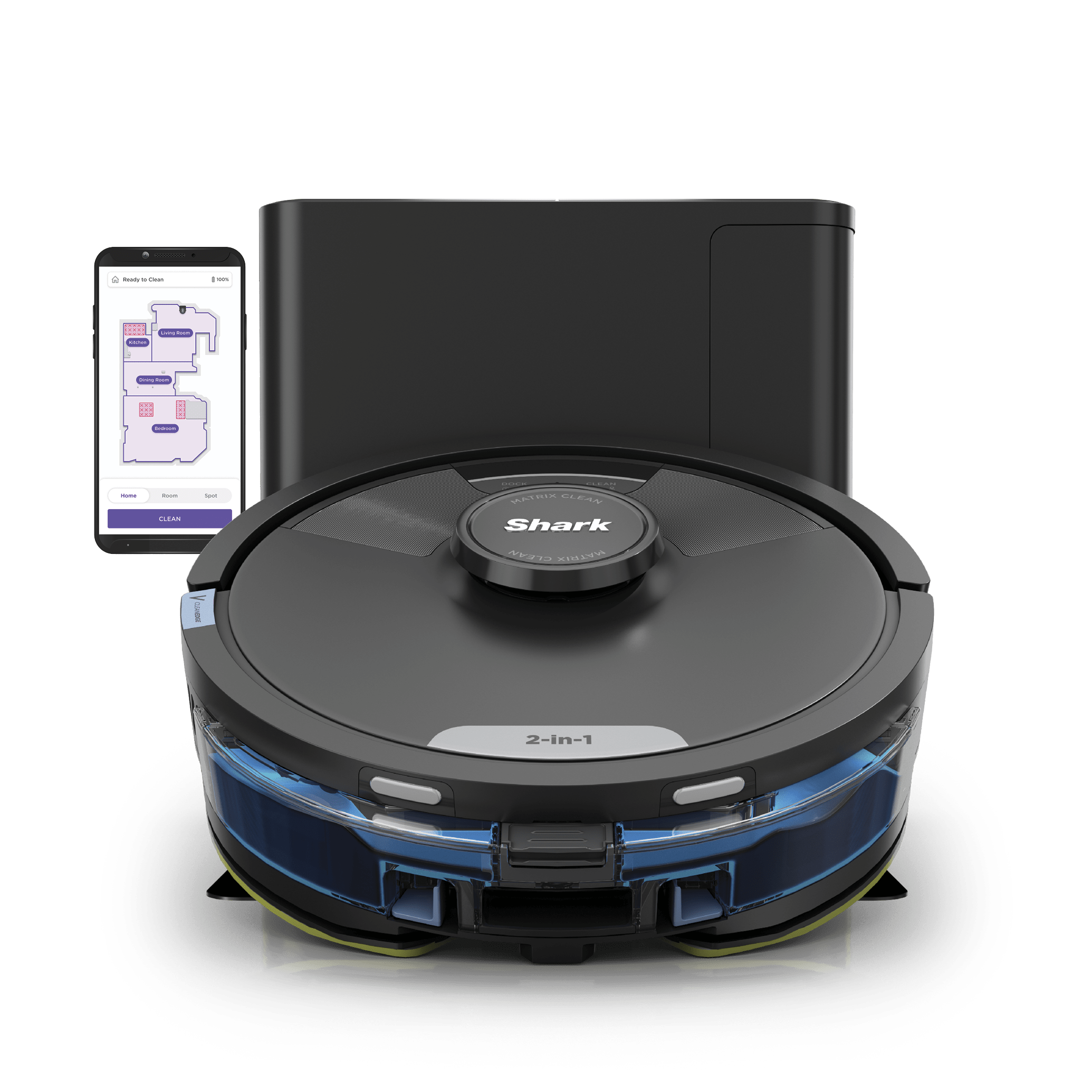 Shark RV2610WA Matrix Plus robot with its XL dust-empty base and illustrative app-map phone, manufacturer-rendered image